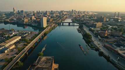 Obraz premium Aerial View of Cityscape with River and Bridge