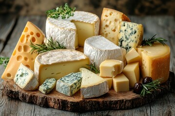 Assortment of cheese on wooden table, closeup. Dairy products. Cheese Selection. Large assortment of international cheese specialities.
