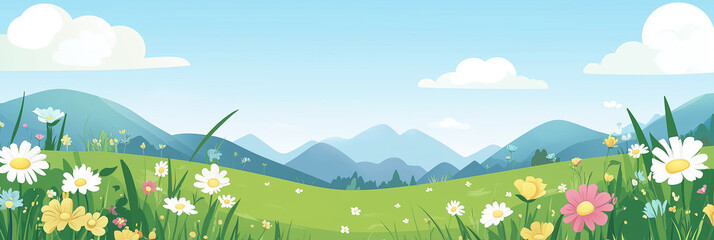 Fototapeta premium Banner of Cute flat cartoon of : flowers field Panoramic kids meadow with wildflowers of mountains, bright blue sky and clouds. Cheerful nature landscape with copy space.