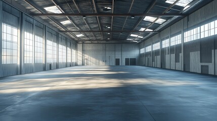 Obraz premium An empty warehouse with large windows, a concrete floor, and a metal roof.
