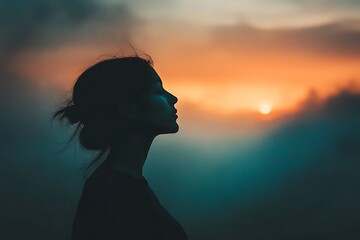 Silhouette of a woman looking at the sunset, feeling peace and serenity