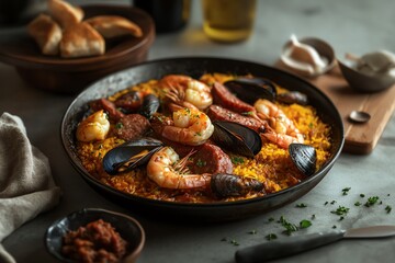 Authentic seafood paella served on a rustic table, featuring shrimp, mussels, and chorizo garnished with herbs.