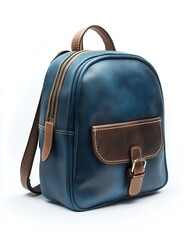 A classic leather backpack in a rich blue color with brown accents.