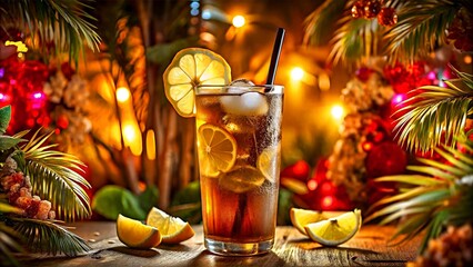 Vibrant Long Island Iced Tea with lemon slices in a festive tropical setting