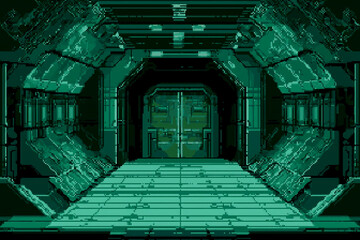 8-bit pixel art of a game screenshot depicting the interior of an alien space station