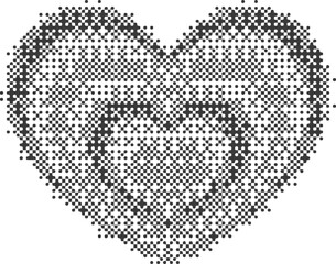 Pixel pattern heart. Bitmap dotted texture symbols of love. Retro design element with color gradation. Y2k grainy digits halftone shape. Valentine day grunge figures