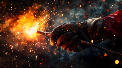 Welder&rsquo;s Hand Holding a Welding Torch: A welder's gloved hand holding a welding torch, with sparks flying in the background. 
