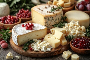 Assortment of cheese on wooden table, closeup. Dairy products. Cheese Selection. Large assortment of international cheese specialities.
