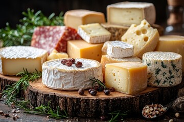 Assortment of cheese on wooden table, closeup. Dairy products. Cheese Selection. Large assortment of international cheese specialities.
