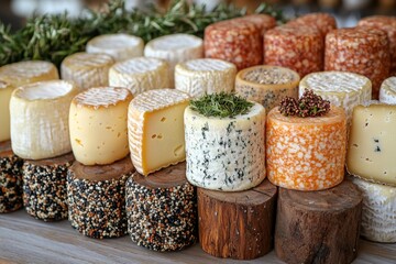 Assortment of cheese on wooden table, closeup. Dairy products. Cheese Selection. Large assortment of international cheese specialities.
