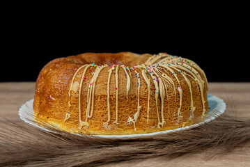 sweet Muscocho cake in plate on table