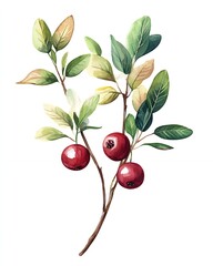 A watercolor illustration of a branch with three red berries and green leaves.
