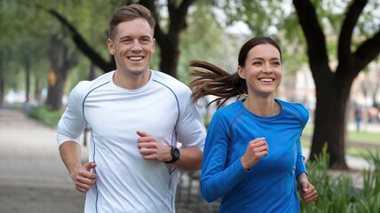 A photo of a cheerful athletic couple jogging through a park. The man is wearing a white shirt and the woman is wearing a blue shirt. They areboth wearing running shorts.