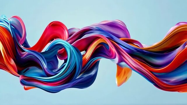 Vibrant abstract silk-like fabric in mid-air. Blue, purple, and red hues create a flowing and dynamic appearance against a light background.