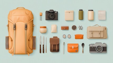 Hiking gear flat design top view outdoors animation colored pastel