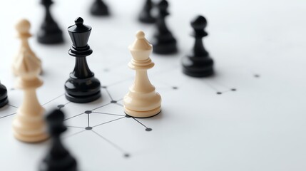 Close-up of chess pieces on a strategic game board, symbolizing planning, strategy, and competition in a game of chess.