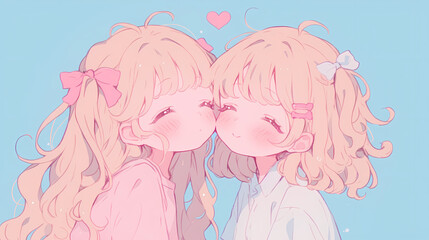 Chibi Anime Love Story – Cute Girls in Love Illustration
