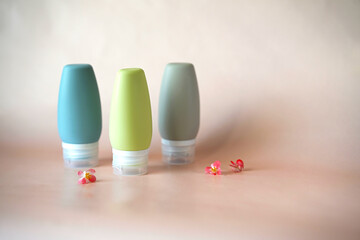 Rubber bottles for liquids of different colors.