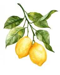 Two ripe lemons hanging from a branch with lush green leaves, a vibrant watercolor illustration.