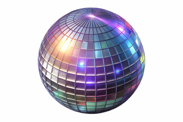 Obraz premium Flat Holographic Disco Ball Concept: Close-Up Illustration of a Disco Ball Emitting Glowing Light Beams on White Background with Reflections