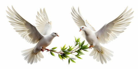 Fototapeta premium 3D Icon of Two Floating Doves with Olive Branches on White Background Symbolizing Peace and Human Rights Day Freedom