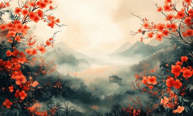 Illustration of red flowers against misty mountains, evoking a sense of tranquility and harmony in soft pastel tones