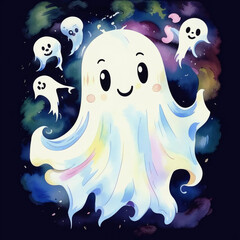 a cute white ghost, Halloween, decoration for October 31, a holiday of horror and fear.  watercolor illustration. artificial intelligence generator, AI, neural network image. background for the design