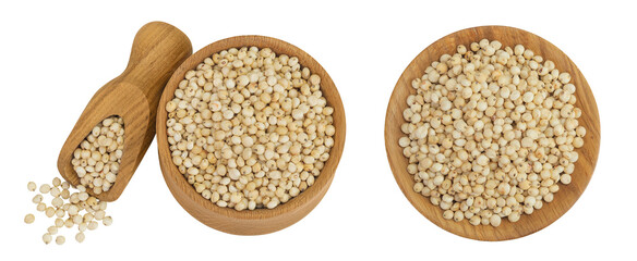 Sorghum seeds in wooden bowl and scoop isolated on white background. Top view. Flat lay.
