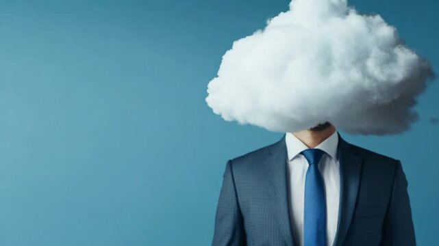 A suited business man stands against a solid blue backdrop, with a fluffy white cloud hovering over his head, creating a whimsical effect