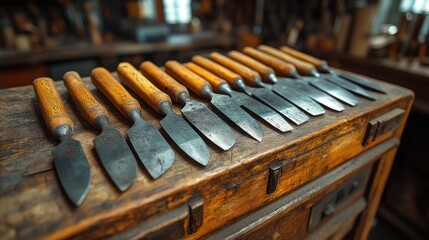 Naklejka premium Woodworking Tools on a Wooden Table