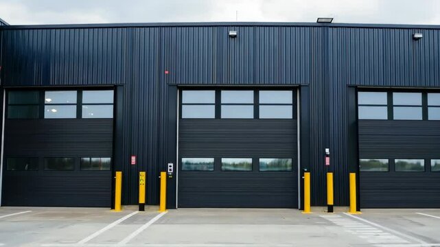 Modern black garage with three large doors and safety bollards on a cloudy day, ideal for industrial or commercial use.