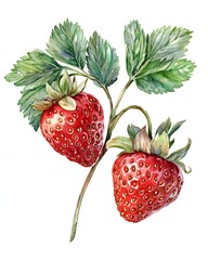 Two juicy red strawberries on a vine with green leaves, watercolor illustration.