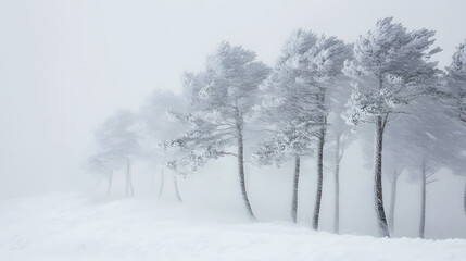 Fototapeta premium Trees bending under the weight of snow and wind, barely visible through