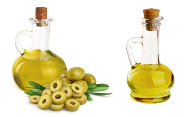 A glass bottle with oil isolated on a white background