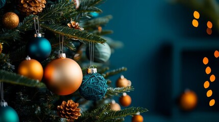 A close-up view of a beautifully decorated Christmas tree with colorful ornaments and warm holiday lights.