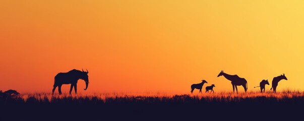 Minimalist wallpaper showcasing African wildlife with a stunning sunset backdrop featuring silhouettes of animals and birds in a vibrant orange and pink sky.