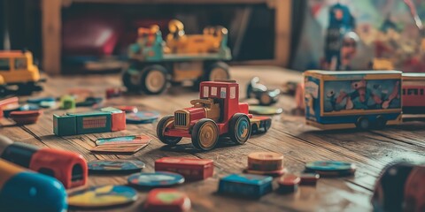 A collection of colorful vintage toys scattered on a wooden floor in a cozy and warm playroom setting.