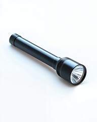 A black flashlight lies on a white background. It's a handy tool for illuminating dark places.