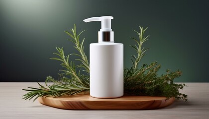 White pump bottle surrounded by fresh rosemary and thyme on a wooden surface, evoking a natural and organic skincare theme.