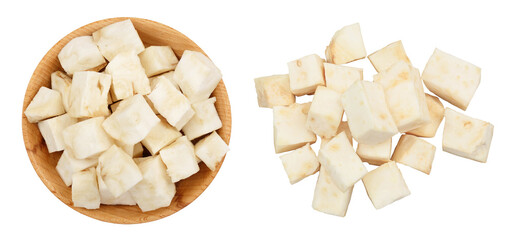 diced celery root in wooden bowl isolated on white background. Top view. Flat lay.