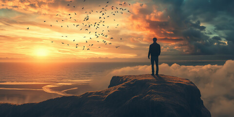 A solitary man stands on a cliff, silhouetted against a vibrant sunset sky, with a flock of birds in flight adding to the dramatic scenery.