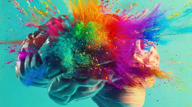 A brain is bursting with a rainbow of colors, creating a vibrant visual effect against a turquoise backdrop