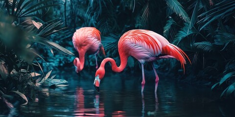 Fototapeta premium Two pink flamingos wade gracefully in a tranquil water body, surrounded by lush vegetation, symbolizing grace and nature's beauty.