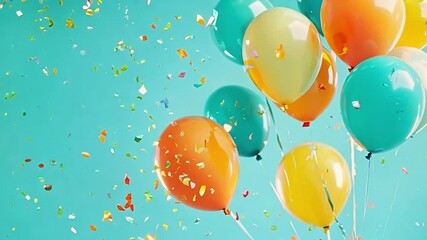 Bright balloons in various colors hover as vibrant confetti falls on blue backdrop, creating a joyful atmosphere for a celebration or party