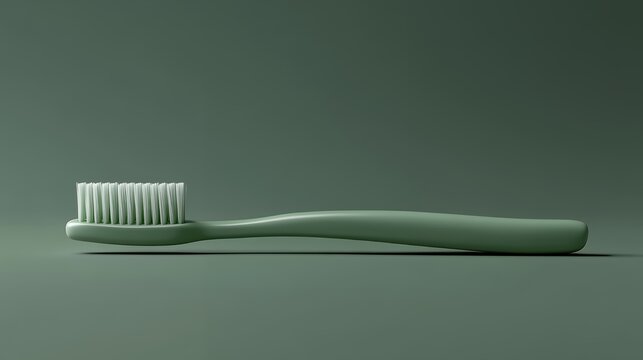 A green toothbrush with white bristles sits on a green background.