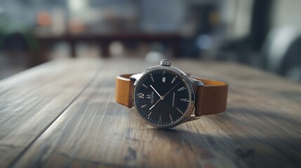 A classic wristwatch with a brown leather band rests on a wooden table.