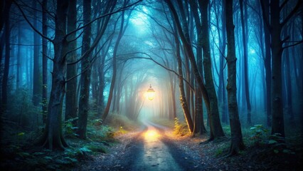 Naklejka premium Mysterious and spooky light illuminating a dark forest path
