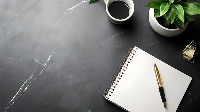 A modern desk setup with an elegant pen and notebook, neatly arranged. Clean design with space for text or a headline, perfect for magazine layouts