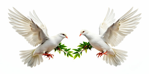 Fototapeta premium 3D Floating Doves with Olive Branches Isolated on White Background Symbolizing Peace and Freedom for Human Rights Day - Weightless Concept