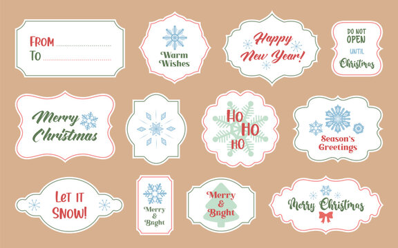 Christmas tags sheet printable. Cute winter labels with season greetings and wishes like merry Christmas and Happy new year. Vintage shapes for gift tags, greeting labels, Xmas cards, stickers.